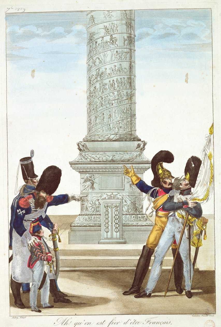 „Ach, jak je člověk hrdý na to, že je Francouz, když se podívá na tento sloup“, karikatura vojáků na Colonne Vendome, 1818 od French School