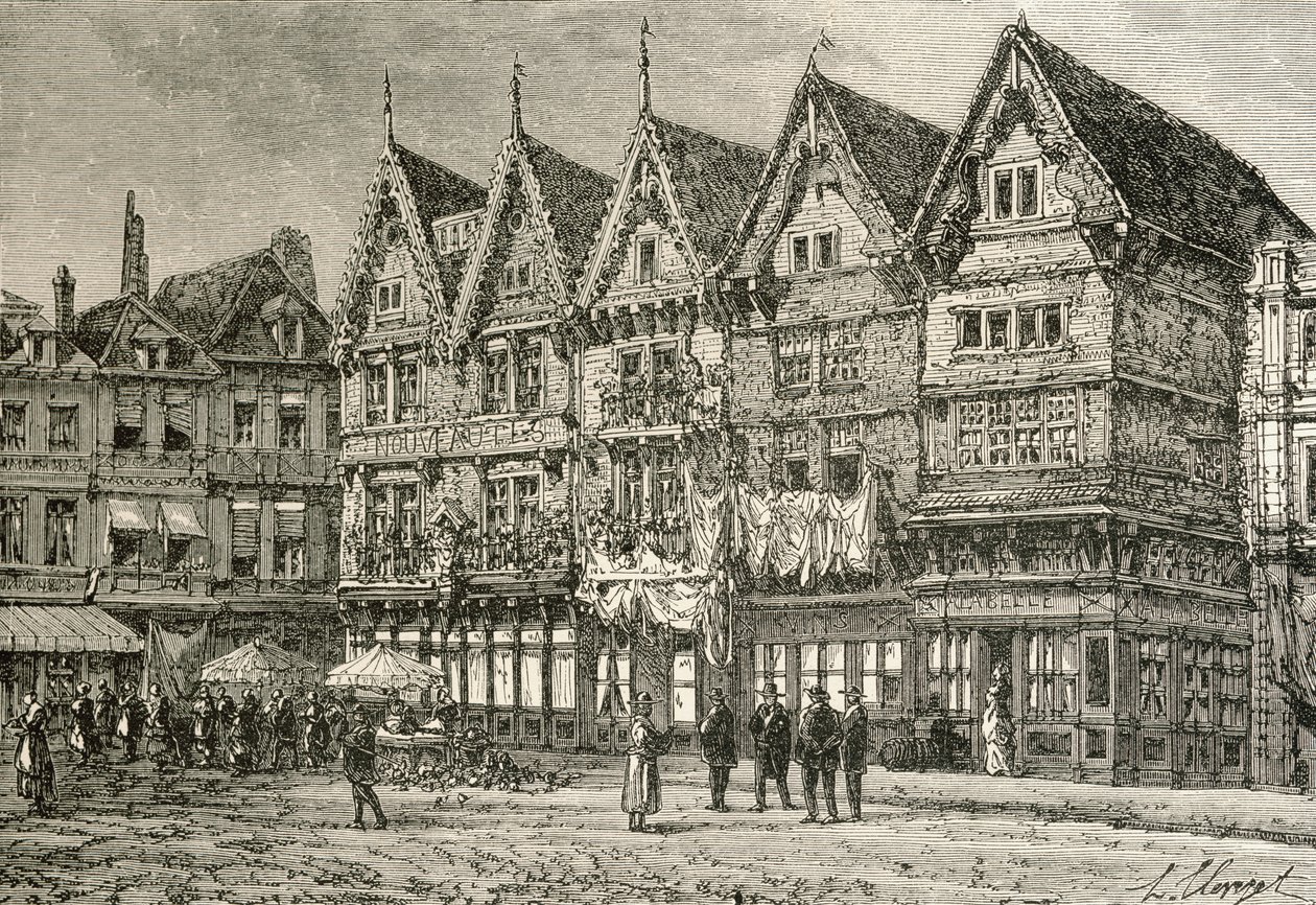 Staré domy ve Valenciennes, Francie, v 19. století, z „French Pictures“ od reverenda Samuela G. Greena, vydaného v roce 1878 od French School
