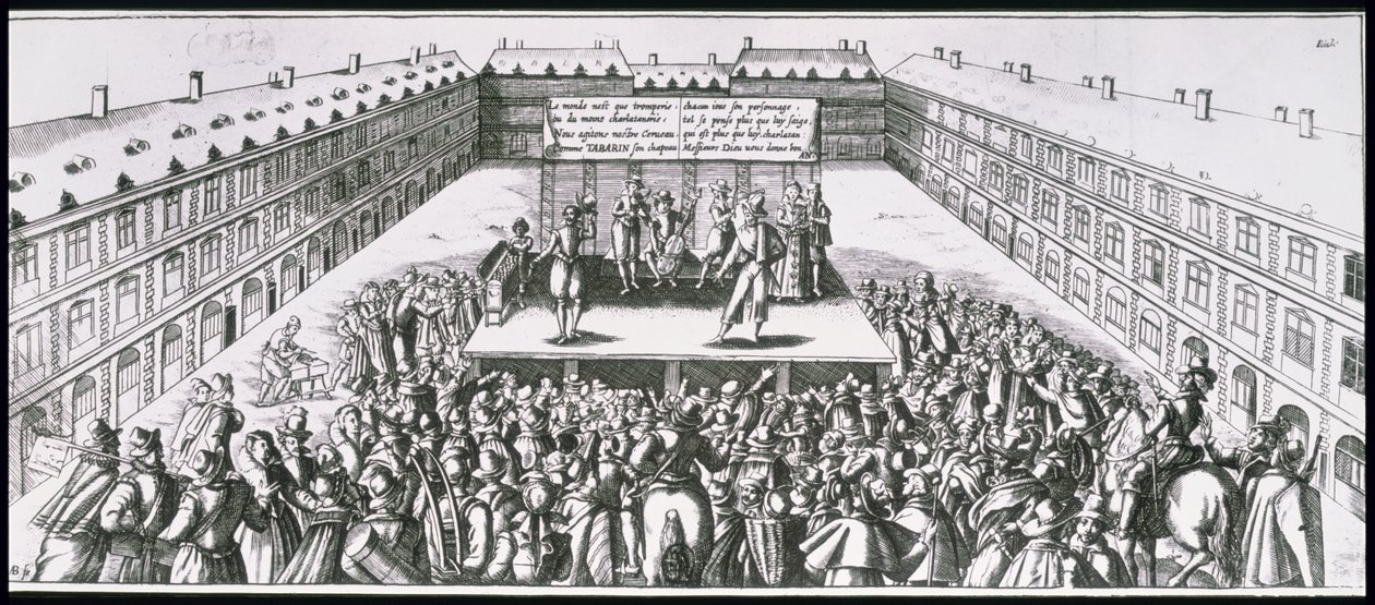 Divadelní představení pod širým nebem s Antoinem Firardem (1584-1633), známým jako Tabarin, na jevišti od French School