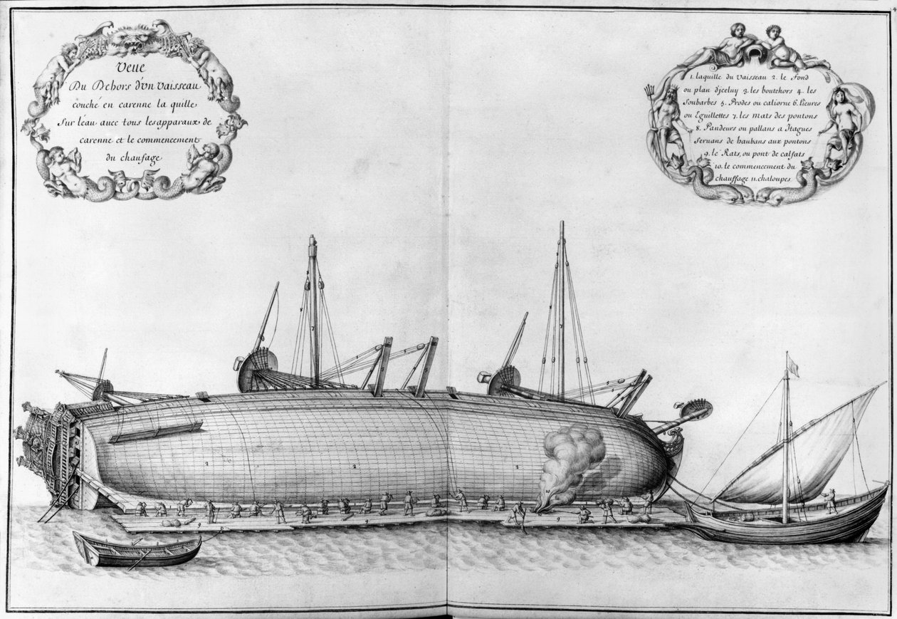 Vně plavidla ležícího na trupu, ilustrace z „Atlas de Colbert“, deska 41 (tužka a wc na papíře) od French School