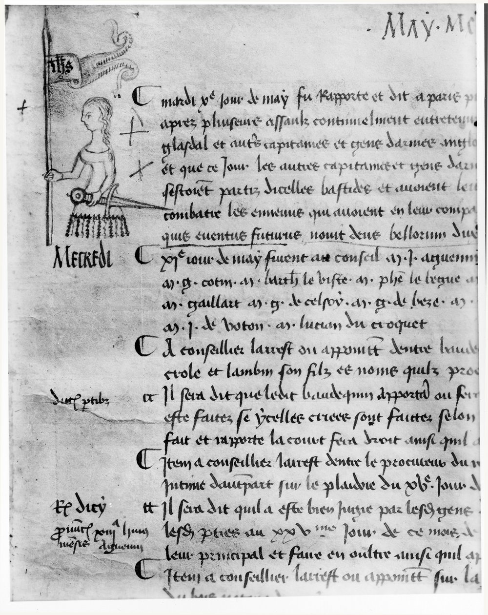 Stránka z „Rejstříku Rady parlamentu Paříže“ zobrazující Johanku z Arku (asi 1412-31), 10. května 1429 od French School