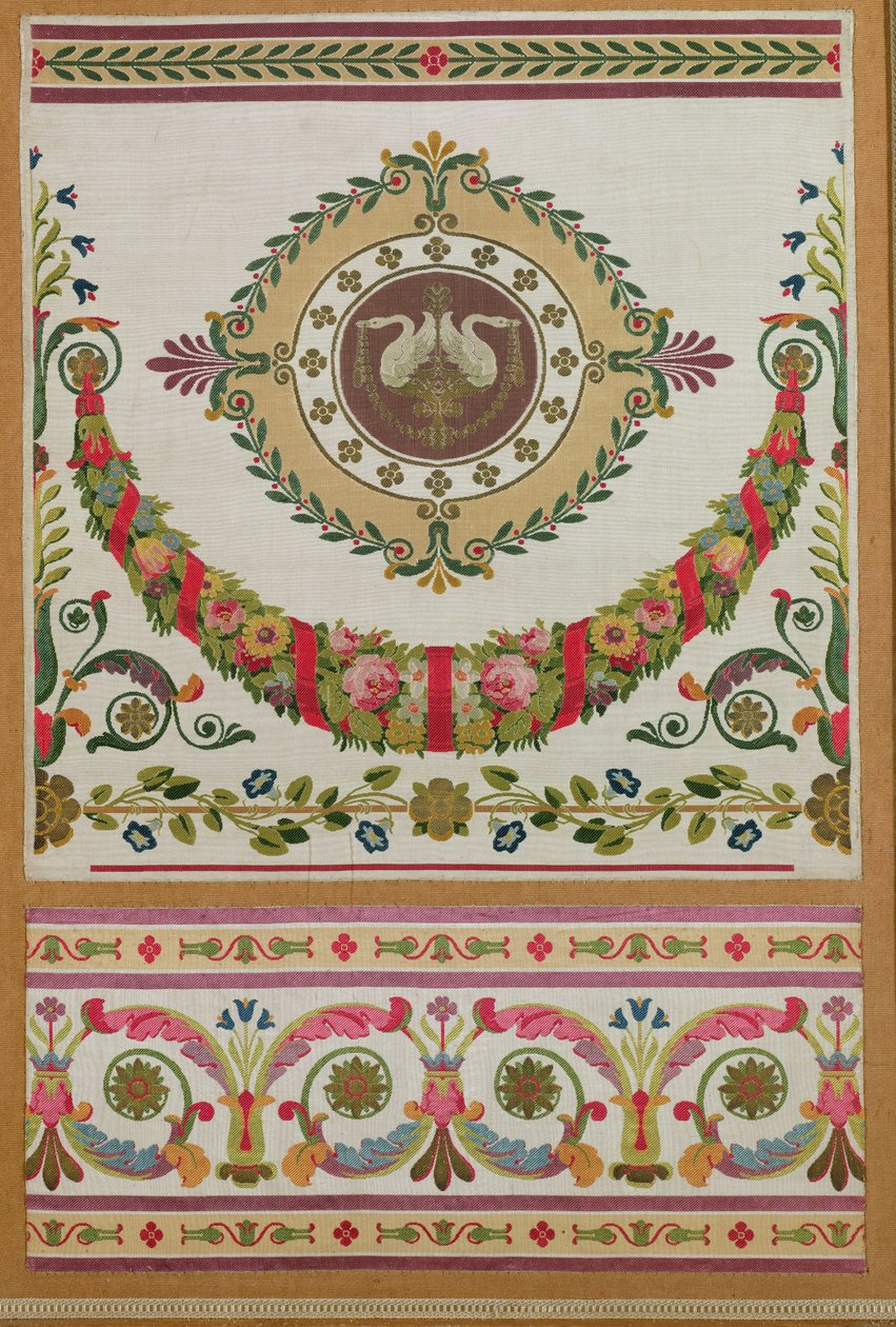 Panel z hedvábí s girlandou květin a labutí z Pernon, Lyons (hedvábí) od French School