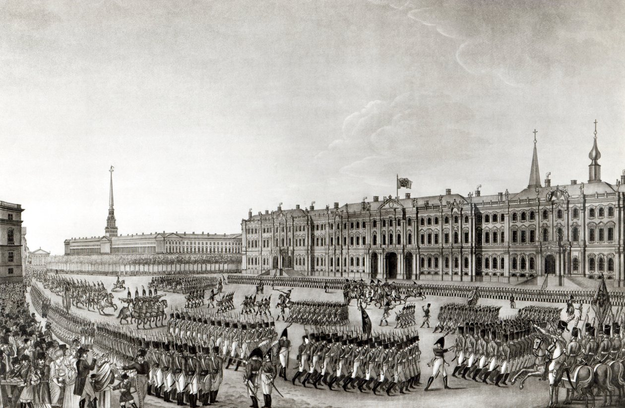 Průvod před císařským palácem, Petrohrad, 1812 od French School
