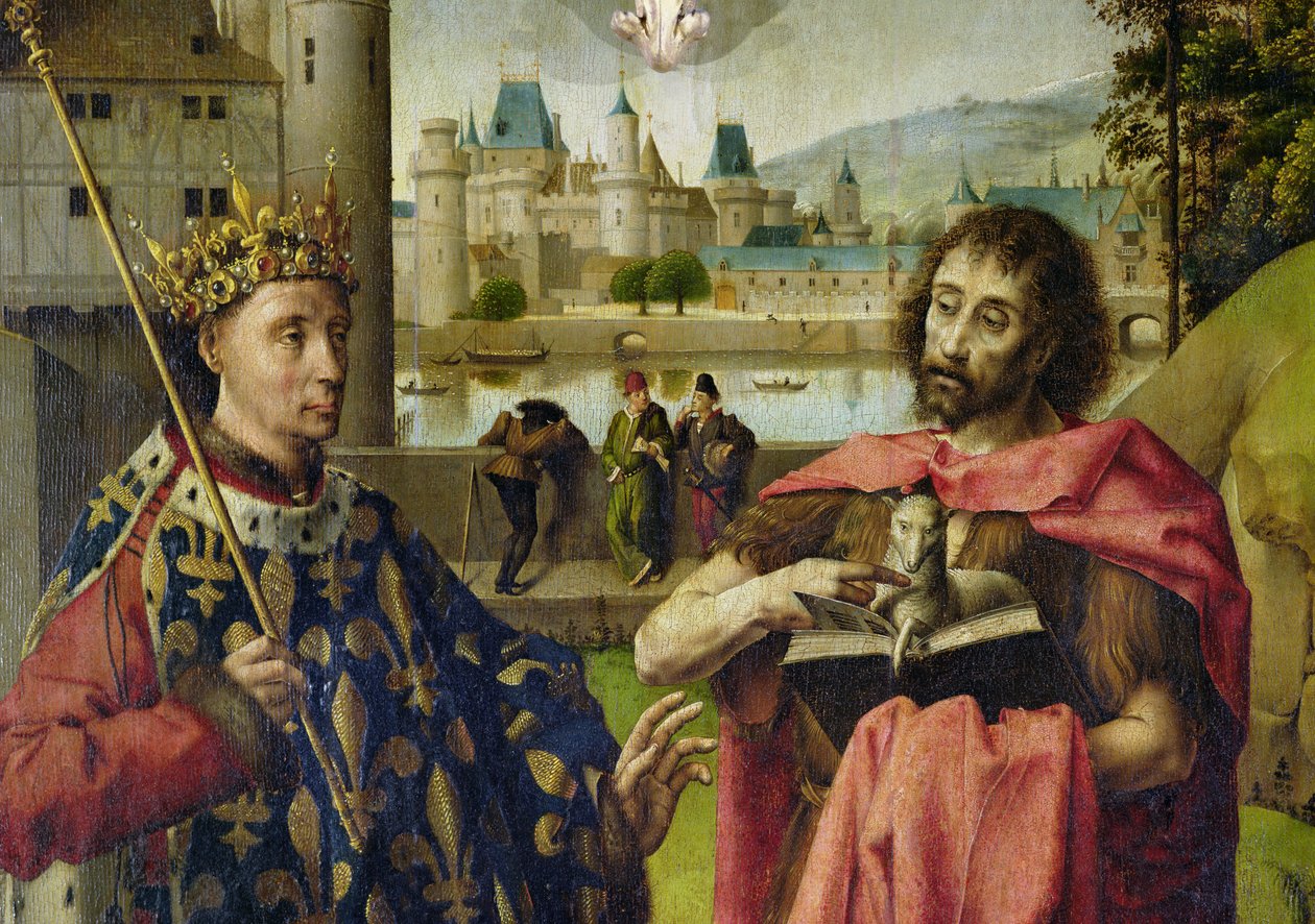 Oltářní obraz parlamentu v Paříži, detail sv. Ludvíka a sv. Jana Křtitele od French School