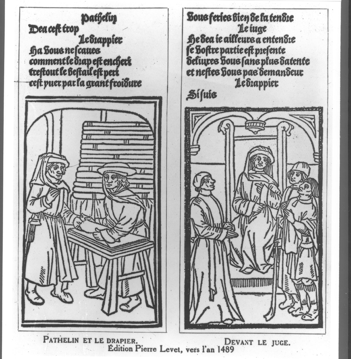 Pathelin a Draper a Pathelin před soudcem, ilustrace z 