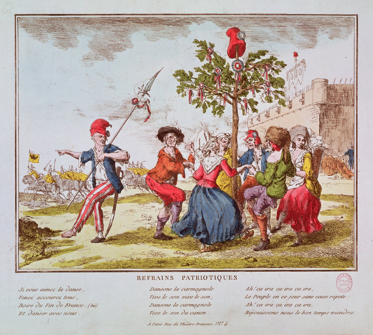 Vlastenecké refrény: Francouzští revolucionáři tančící s carmagnole kolem stromu svobody, kolem roku 1792 od French School