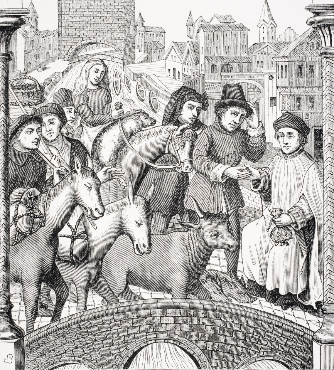 Placení mýta na mostě, z „Le Moyen Age et La Renaissance“ od Paula Lacroixe (1806-84), vydáno 1847 od French School