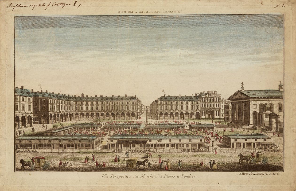 Perspektivní pohled na květinový trh v Covent Garden od French School
