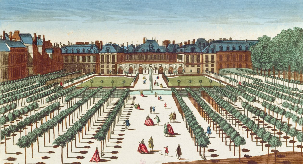 Perspektivní pohled na Palais Royal ze zahrad od French School