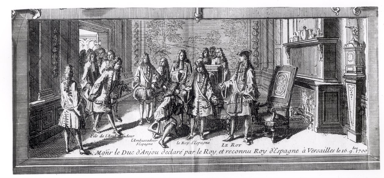 Philippe de France (1683-1746) vévoda z Anjou, uznaný za španělského krále Ludvíkem XIV. (1638-1715) francouzským králem, 16. září 1700 ve Versailles od French School