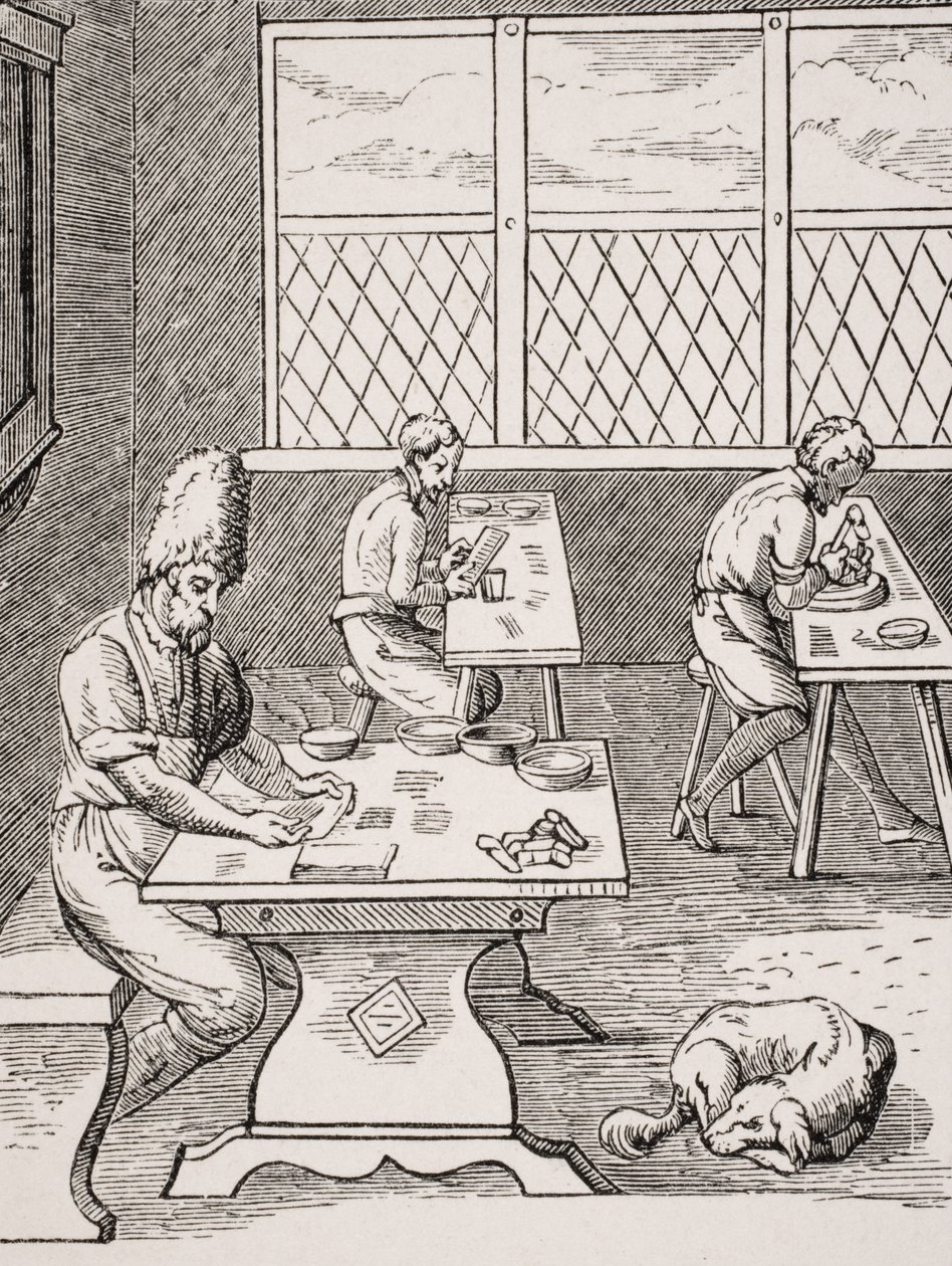 Výrobce jehel a špendlíků, reprodukce dřevorytu Josta Ammana (1539-91) z knihy "Le Moyen Age et La Renaissance" od Paula Lacroixe (1806-84) vydané v roce 1847. od French School