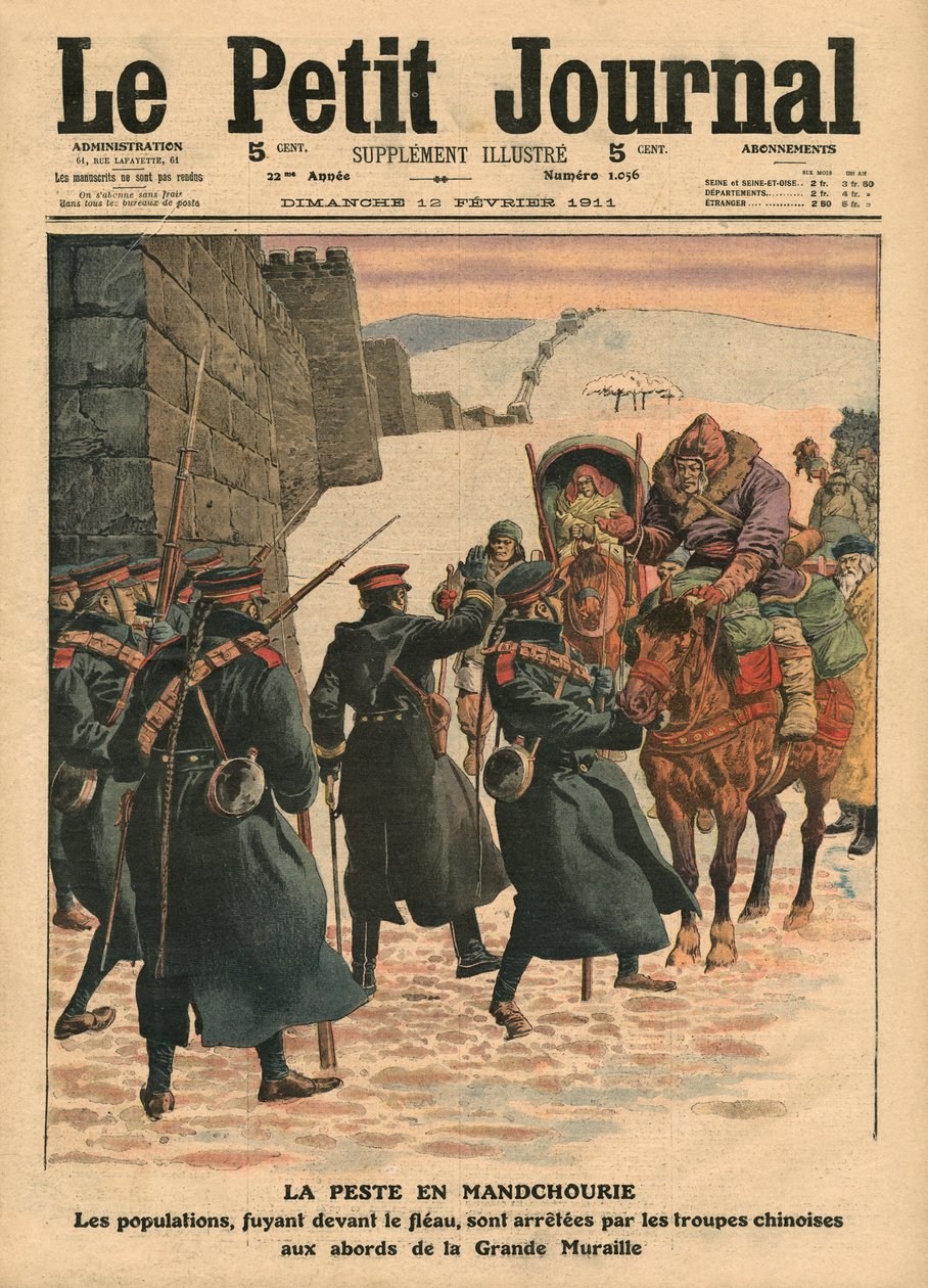 Mor v Mandžusku, lidé prchající před morem jsou zastaveni čínskými jednotkami před Velkou zdí, ilustrace z 