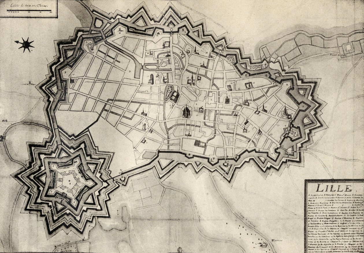 Plán a opevnění Lille kolem roku 1670, z „Memoires de Charles de Batz-Castelmore Comte d
