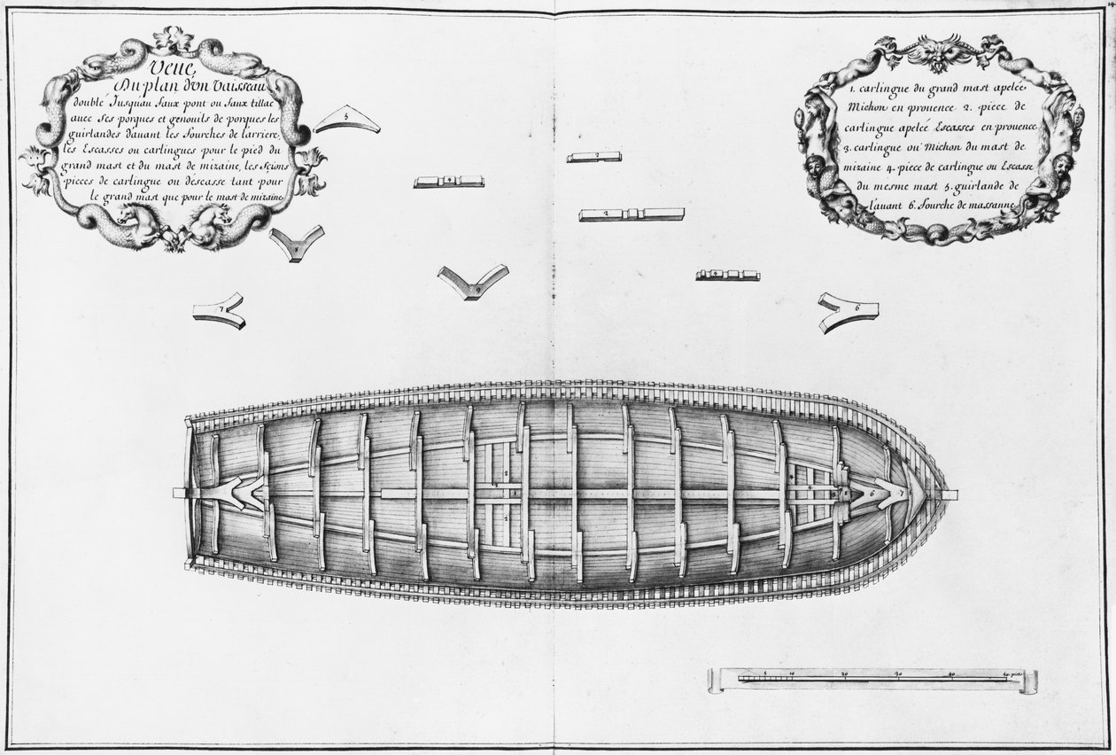 Plán lodi postavené na podpalubí, ilustrace z "Atlas de Colbert", deska 14 (tužka a čb na papíře) od French School
