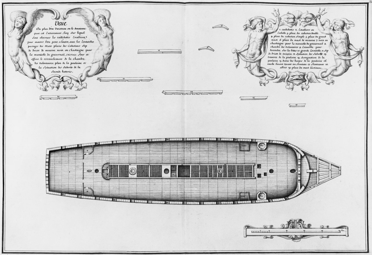 Plán plavidla se zcela dokončenou druhou palubou, ilustrace z „Atlas de Colbert“, deska 34 (tužka a wc na papíře) od French School