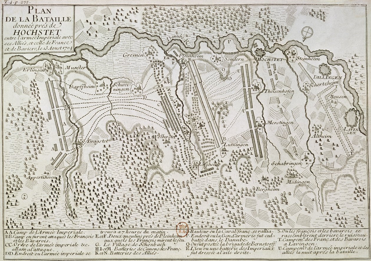 Plán bitvy u Blenheimu mezi císařskou armádou a francouzsko-bavorskou armádou, 13. srpna 1704 od French School