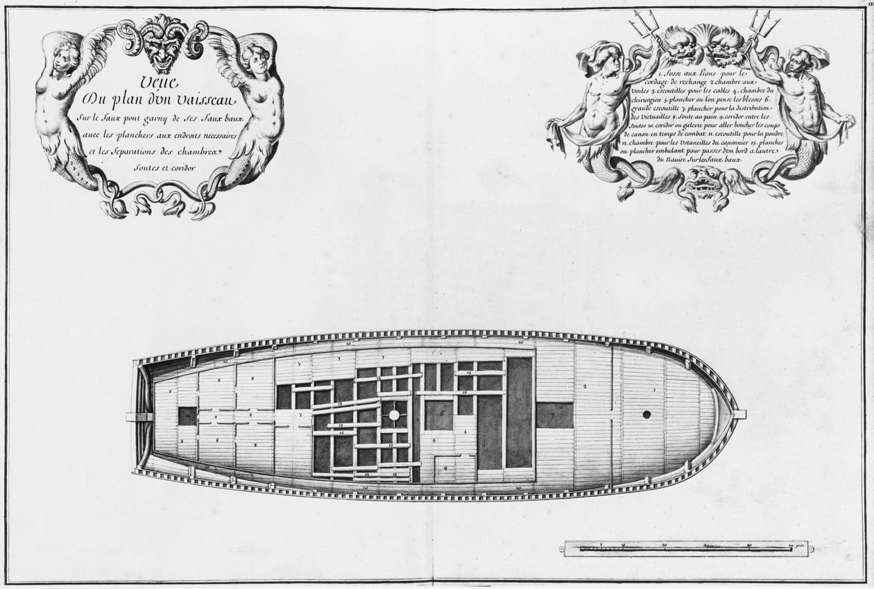 Plán falešné paluby plavidla, ilustrace z „Atlas de Colbert“, deska 17 (tužka a wc na papíře) od French School