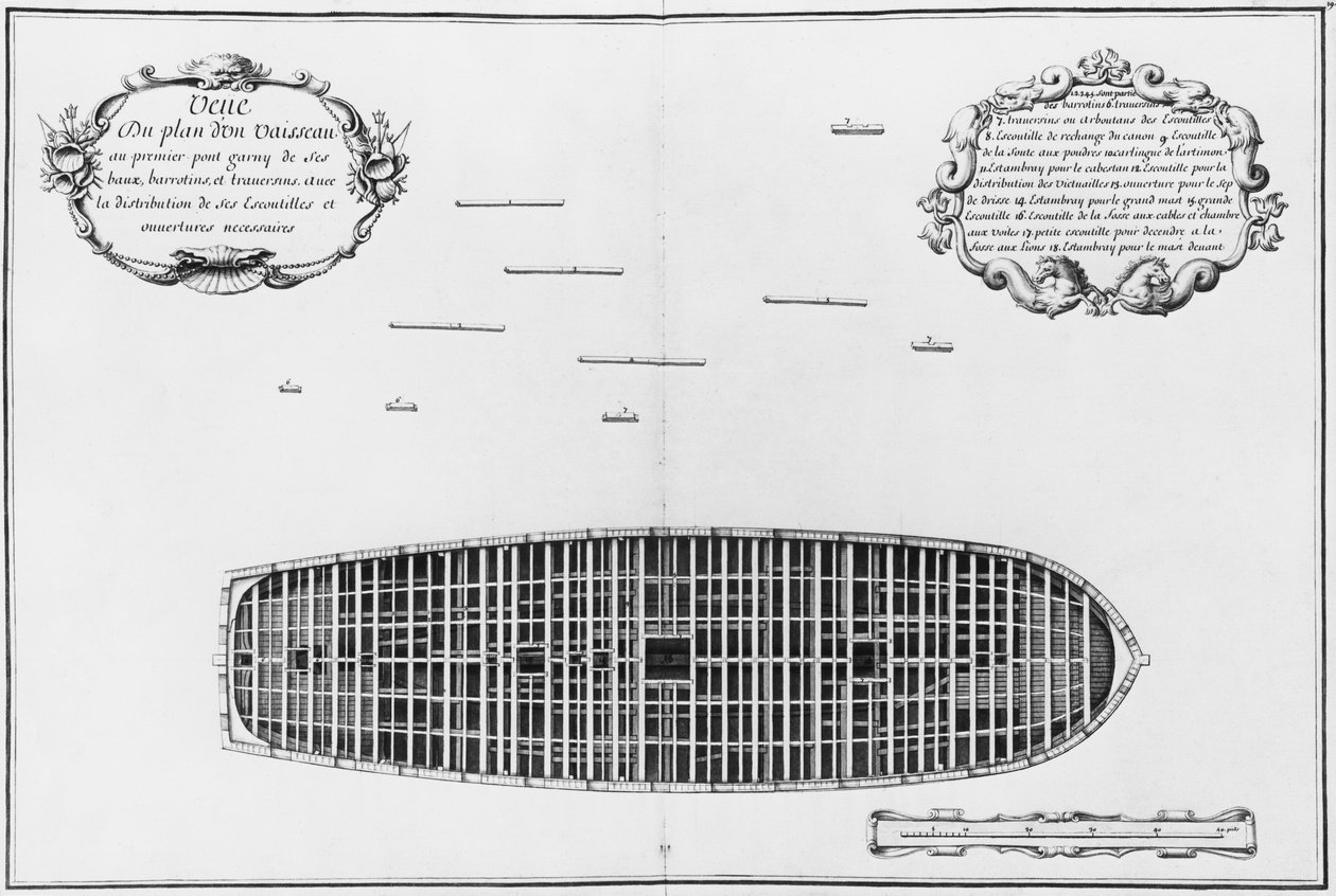 Plán první paluby plavidla, ilustrace z „Atlas de Colbert“, deska 19 (tužka a wc na papíře) od French School