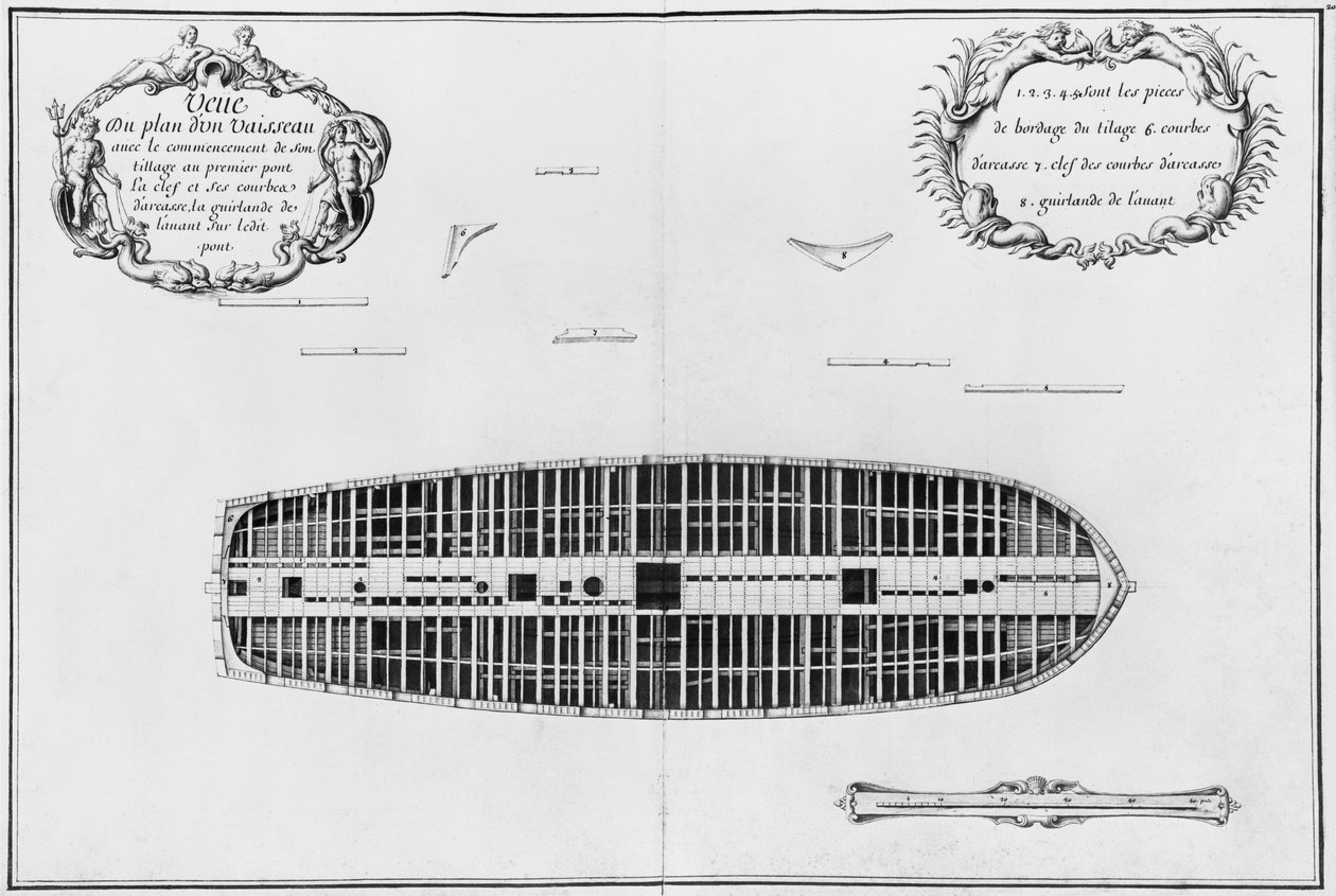 Plán první paluby plavidla, ilustrace z „Atlas de Colbert“, deska 20 (tužka a wc na papíře) od French School