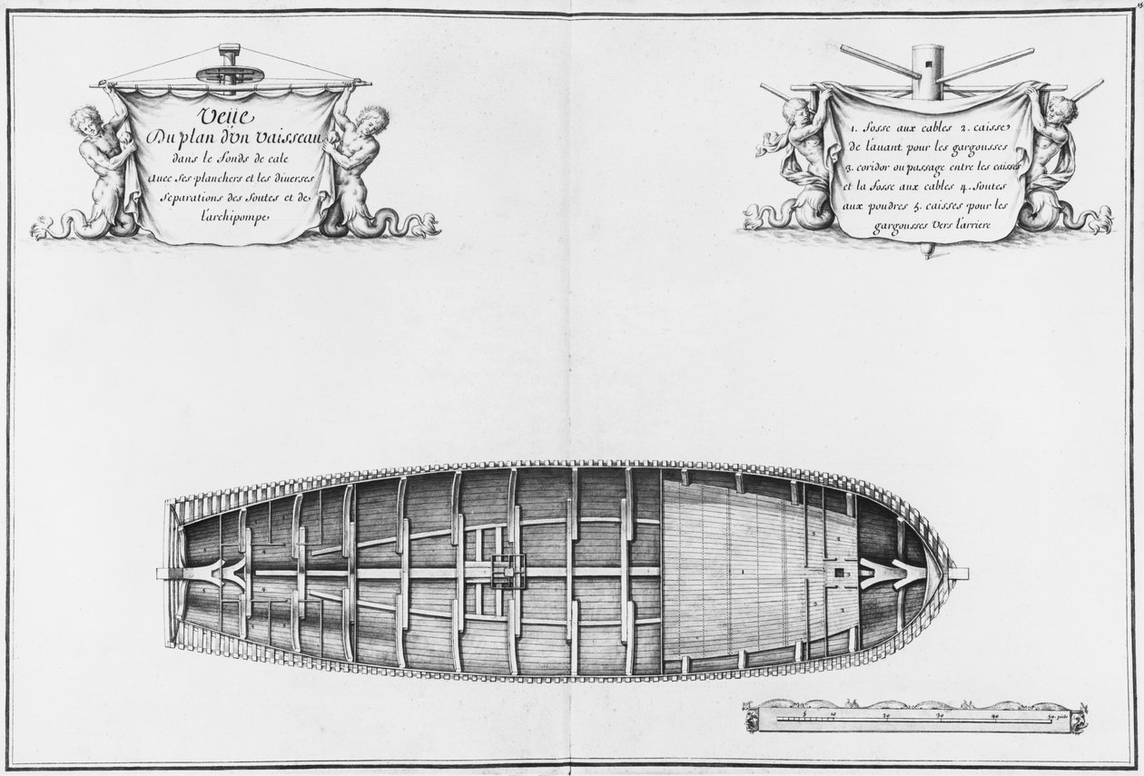 Plán podpalubí lodi, ilustrace z "Atlas de Colbert", deska15 (tužka a čb na papíře) od French School