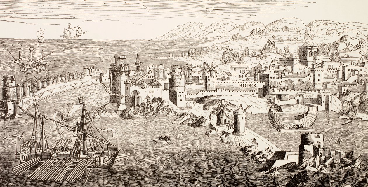 Plán ostrova Rhodos v Řecku v 15. století, z knihy "Military and Religious Life in the Middle Ages" od Paula Lacroixe, vydané v Londýně kolem roku 1880. od French School