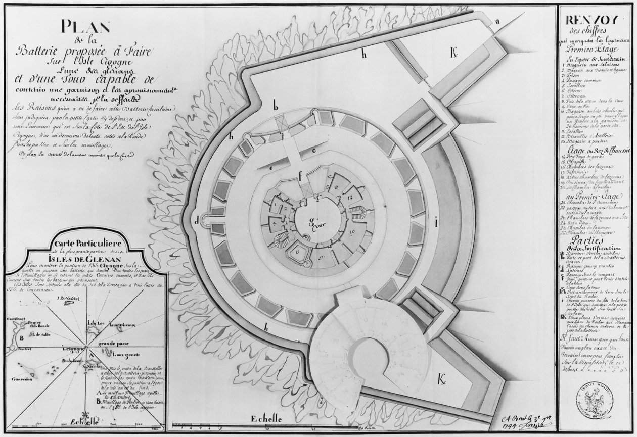 Plán projektu baterie na Ile Cigogne a mapa ostrovů Glenan, 1745 (tužka a wc na papíře) od French School