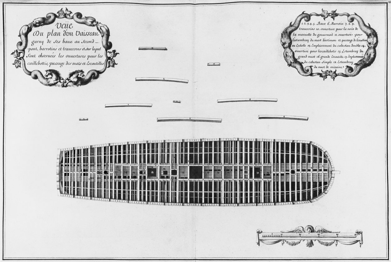 Plán druhé paluby plavidla, ilustrace z „Atlas de Colbert“, deska 23 (tužka a wc na papíře) od French School