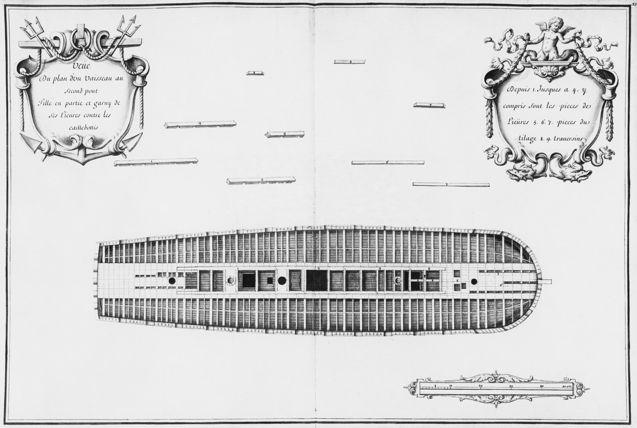 Plán druhé paluby plavidla, ilustrace z „Atlas de Colbert“, deska 27 (tužka a wc na papíře) od French School