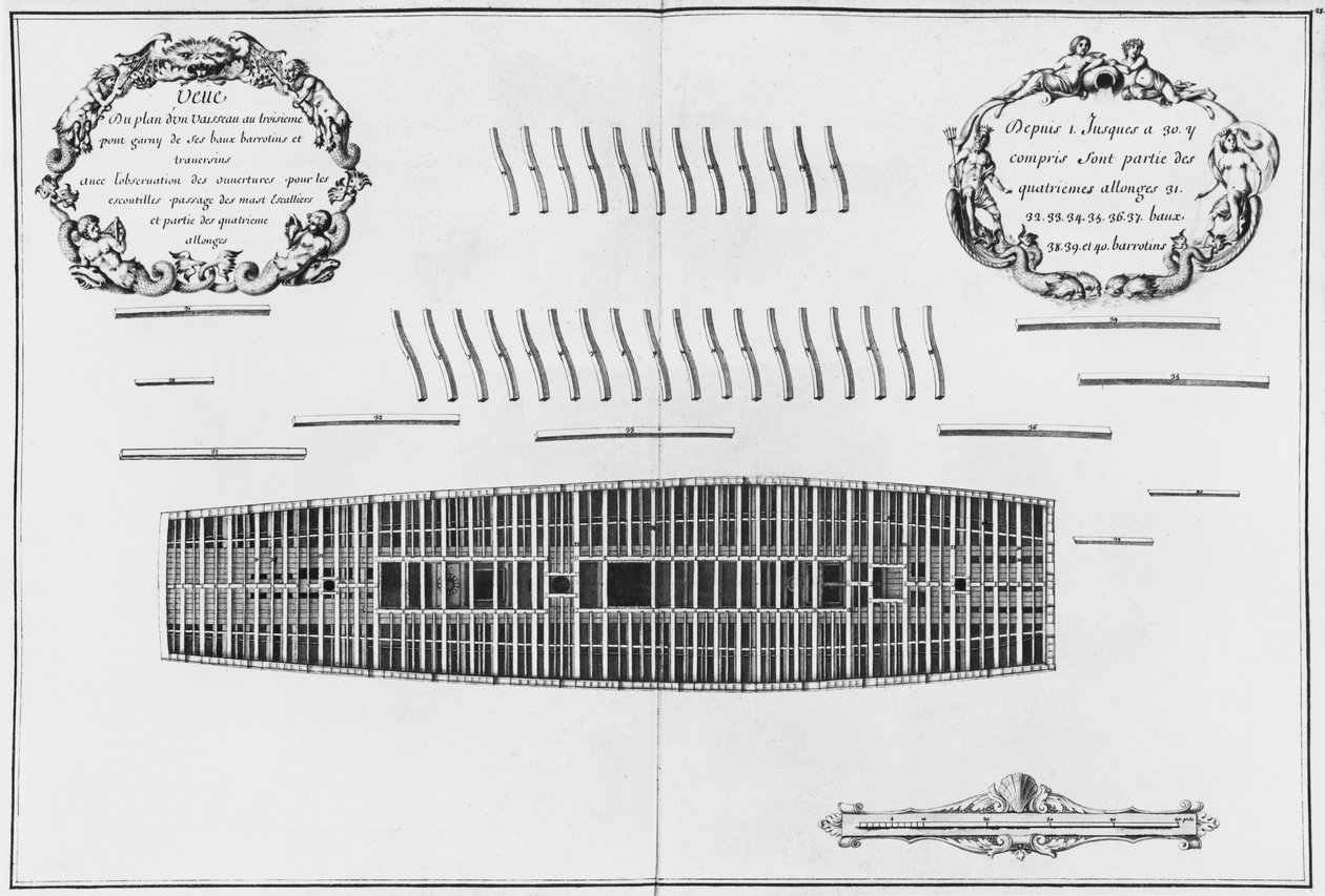 Plán třetí paluby plavidla, ilustrace z „Atlas de Colbert“, deska 28 (tužka a wc na papíře) od French School