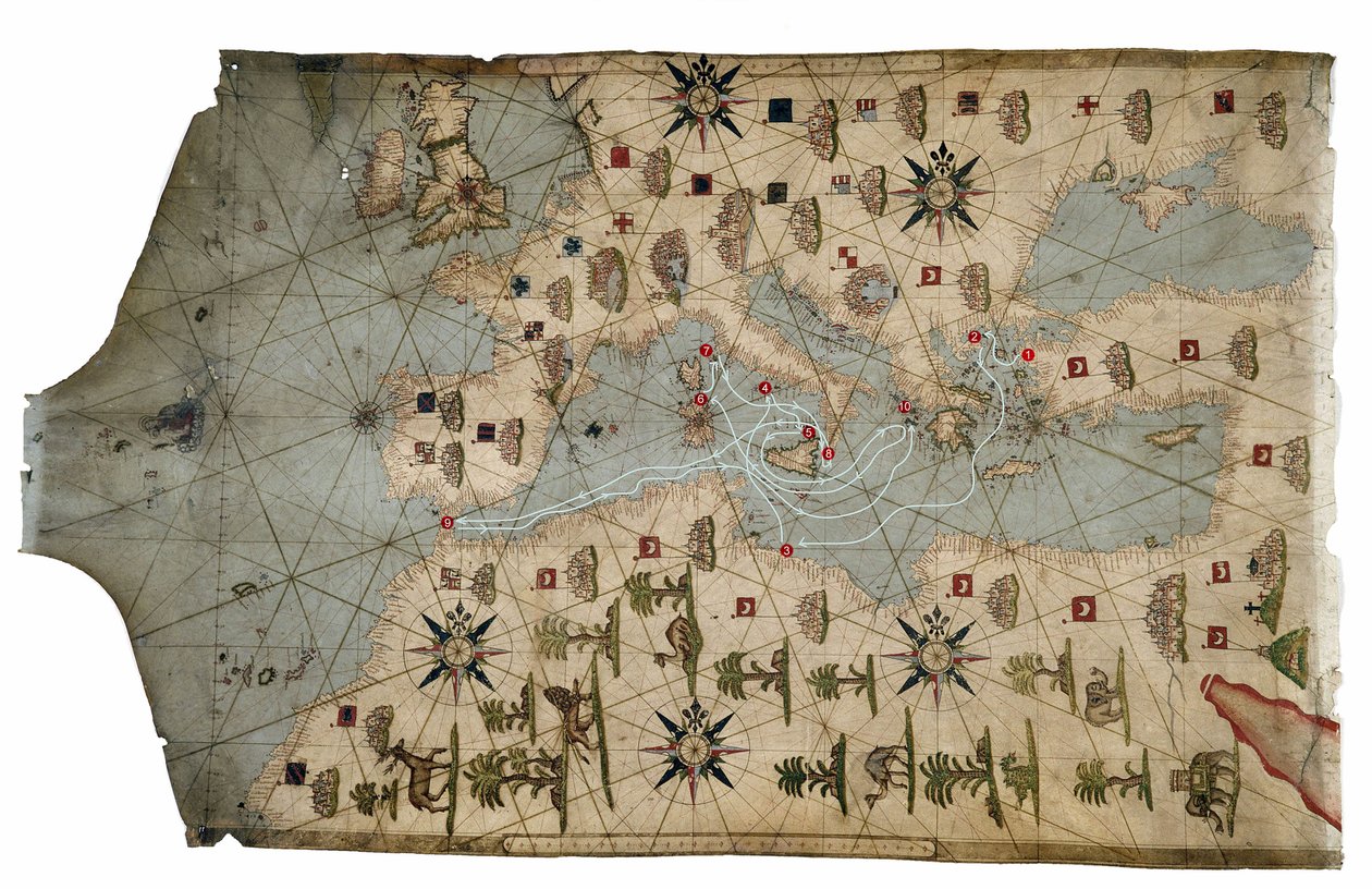 Portolanská mapa pobřeží Středozemního moře, zobrazující různé fáze Odysseovy cesty, jak je vyprávěno v Homers Odyssey, 1593 (pergamen) od French School