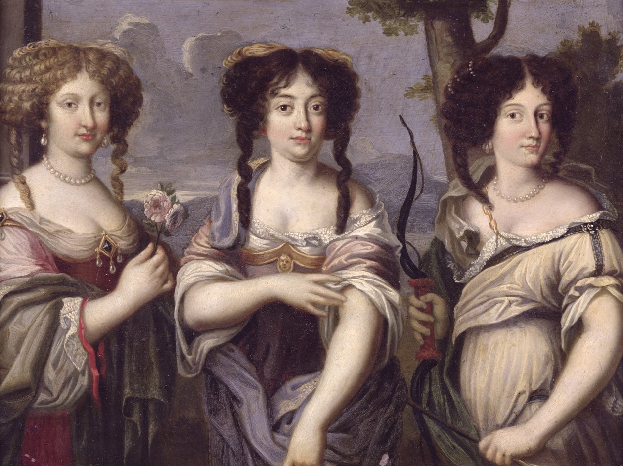 Portrét tří neteří kardinála Mazarina zobrazených jako bohyně, Venuše, Juno a Diana (olej na mědi) od French School