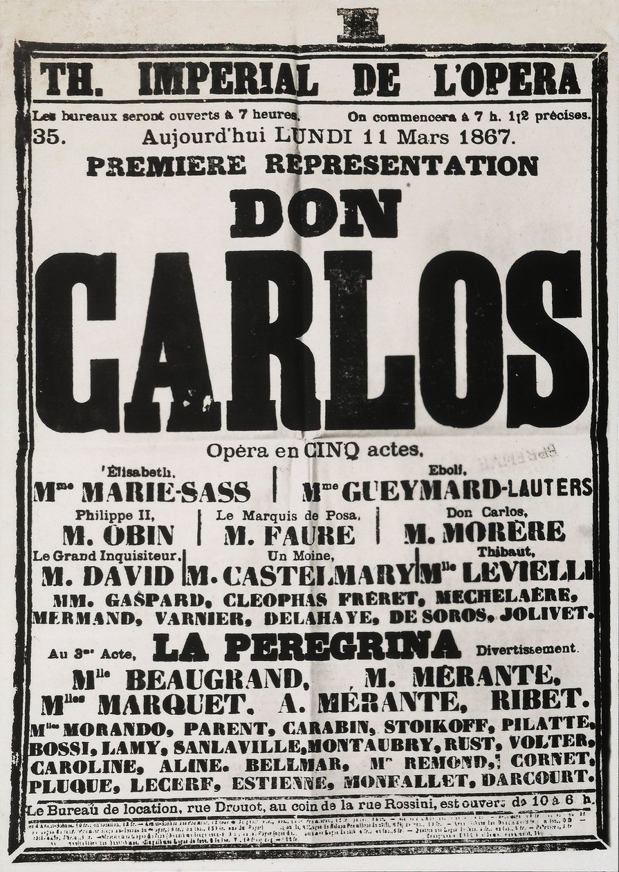Plakát inzerující první představení Dona Carlose v Theatre Imperial de lOpera, Paříž, 1867 od French School