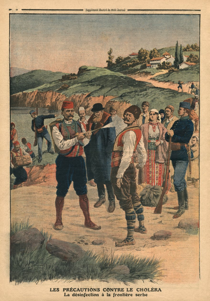 Opatření přijatá k prevenci cholery, dezinfekce na srbské hranici, ilustrace z „Le Petit Journal“, 1. ledna 1911 od French School