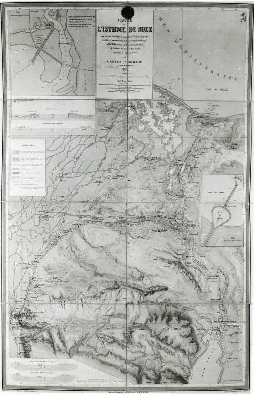 Přípravná mapa Suezského průplavu, 1855 od French School