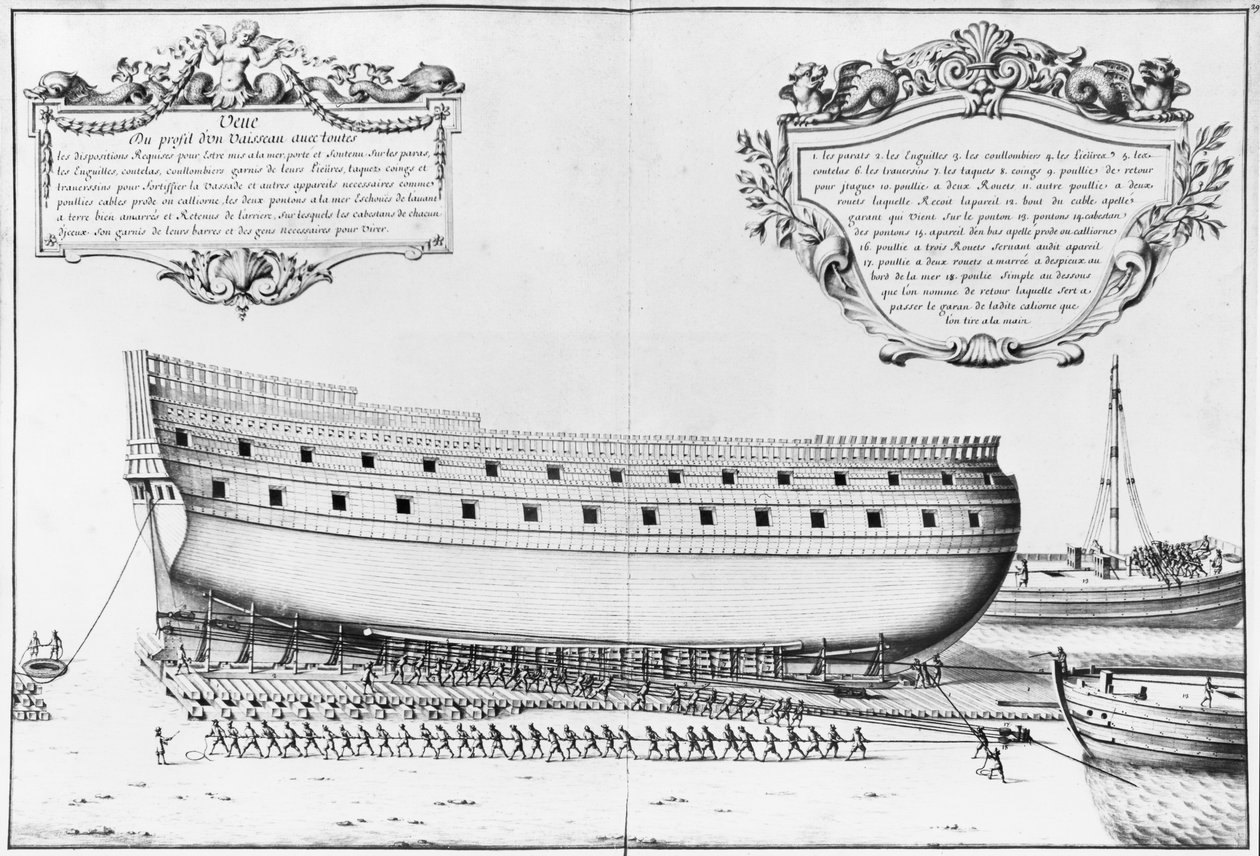 Profil lodi připravující se ke spuštění, ilustrace z "Atlas de Colbert", deska 29 (tužka a čb na papíře) od French School