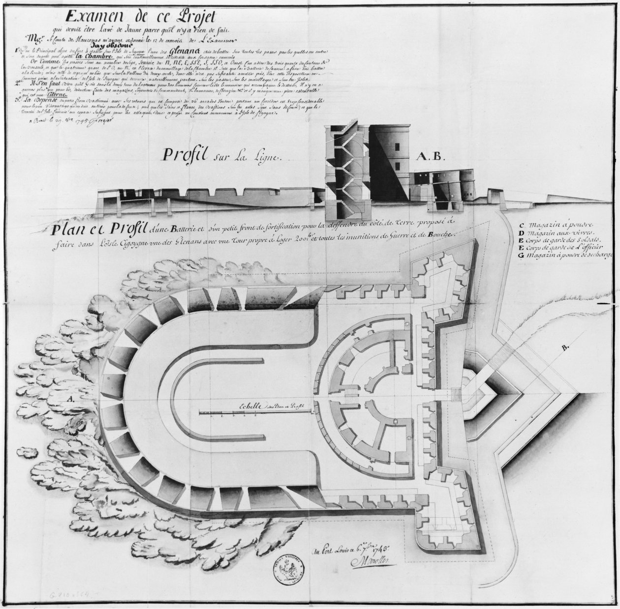 Projekt pevnosti na Ile Cigogne, Archipel des Glenan, 1745 (tužka a wc na papíře) od French School