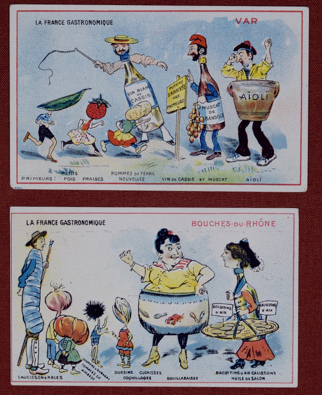Propagační a vzdělávací karty pro děti zobrazující speciality z oblastí Var a Bouches-du-Rhone, kolem roku 1910 od French School