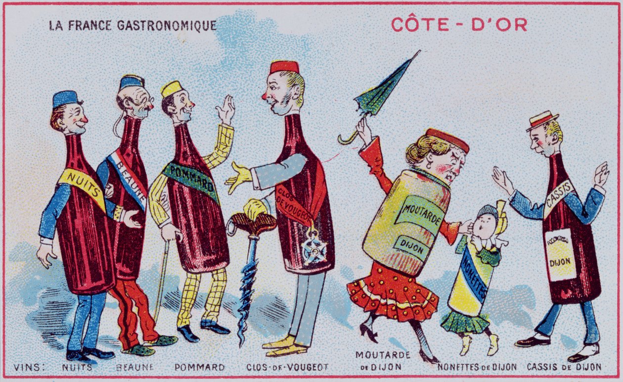 Propagační a vzdělávací karta pro děti zobrazující potravinářské speciality regionu Cote-DOr, kolem roku 1910 od French School