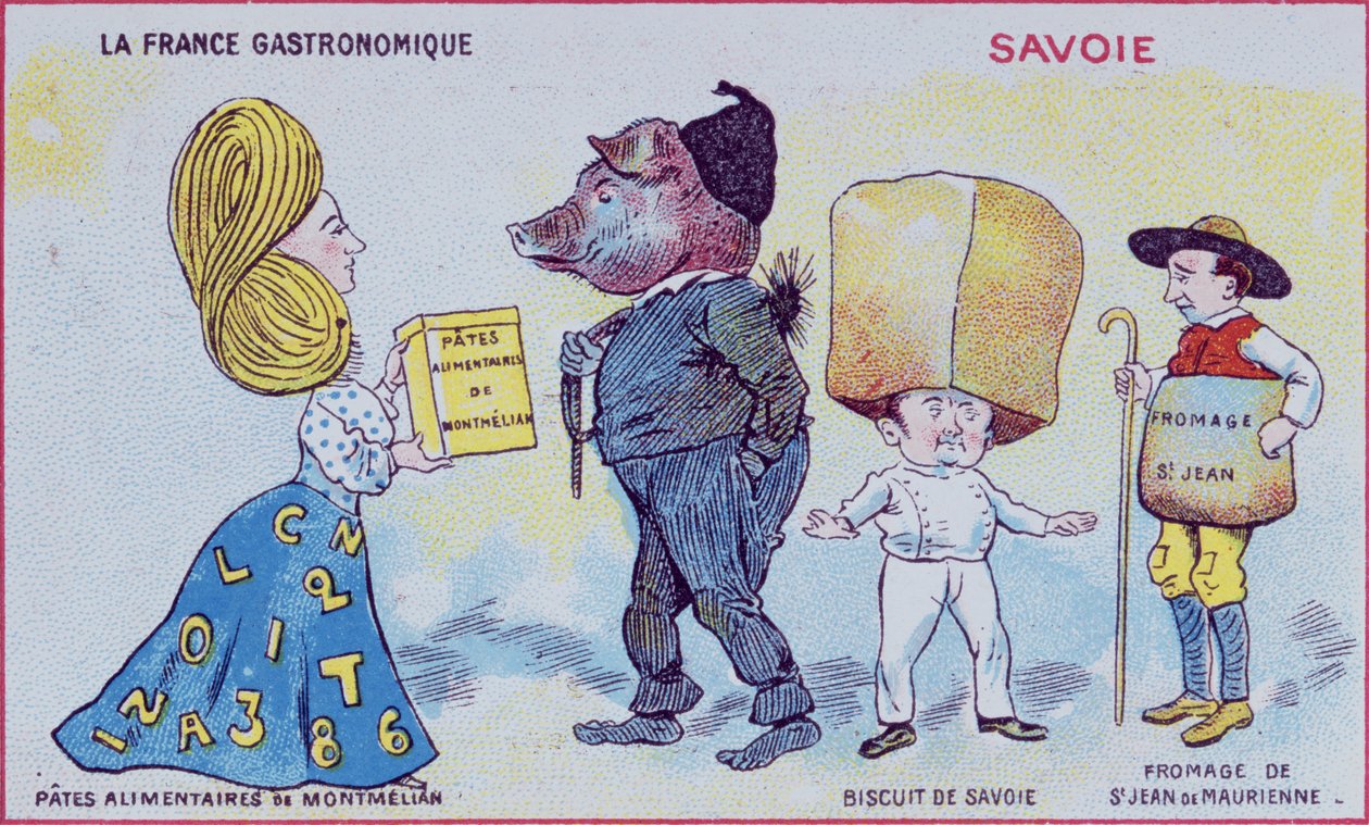 Propagační a vzdělávací karta pro děti zobrazující speciality regionu Savoie, kolem roku 1910 od French School