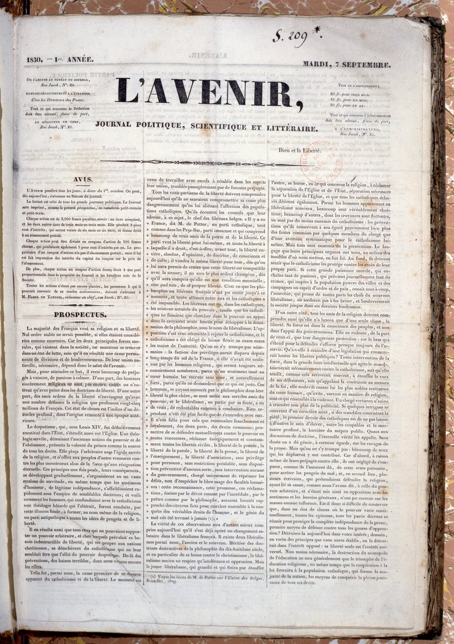 Prospekt propagující nadcházející publikaci Journal LAvenir, 7. září 1830 (tištěný papír) od French School
