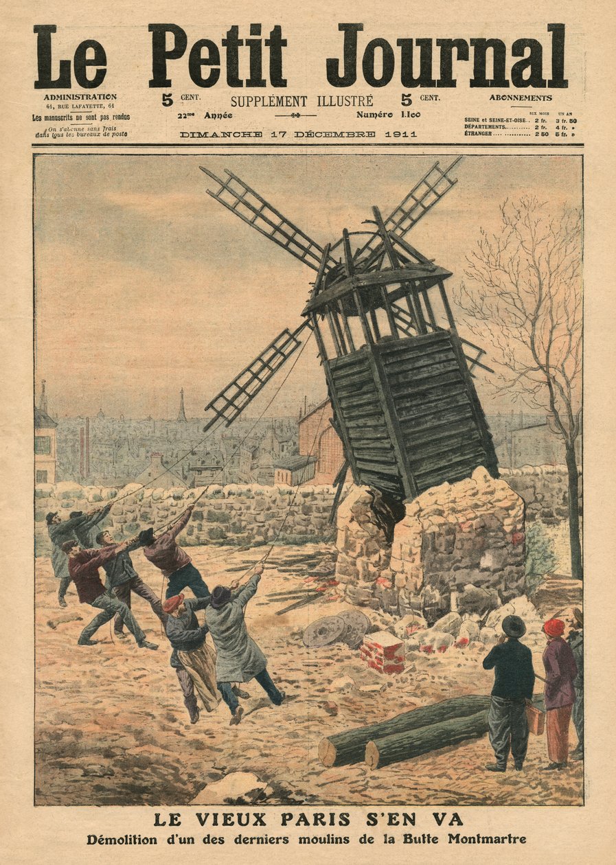 Stržení jednoho z posledních větrných mlýnů na Butte Montmartre, ilustrace z 