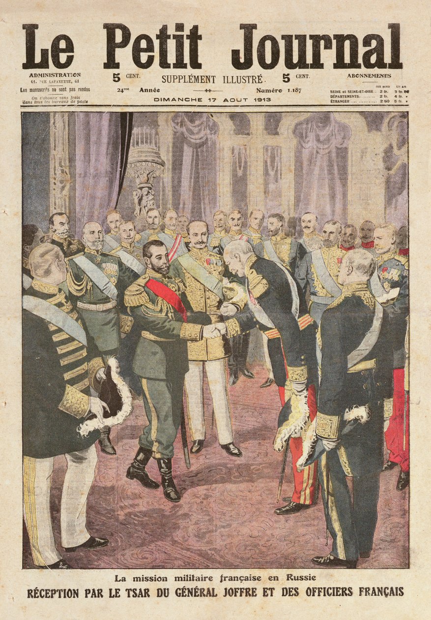 Přijetí generála Josepha Joffreho (1852-1931) Nicolasem II. (1894-1917) v paláci Peterhof, z „Le Petit Journal“, 17. srpna 1913 od French School