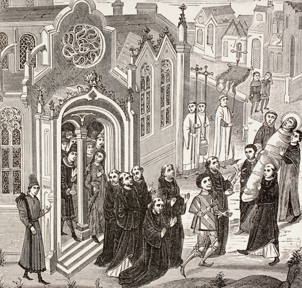 Odstranění těla Marie Magdaleny do opatství Vezelay, z knihy „Vojenský a náboženský život ve středověku“ od Paula Lacroixe, publikovaná v Londýně kolem roku 1880 od French School