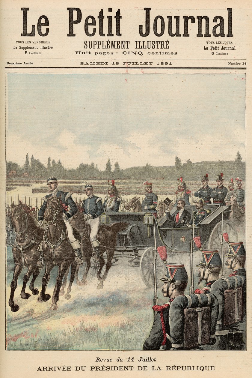 Přehled vojsk, 14. července: Příjezd prezidenta republiky, z „Le Petit Journal“, 18. července 1891 od French School