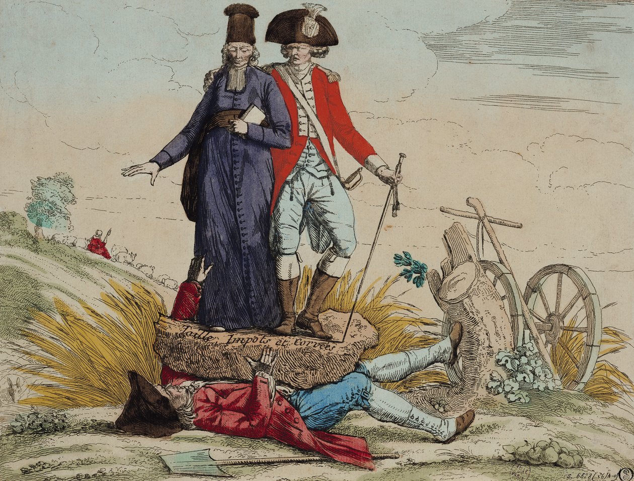 Revoluční karikatura o „desátkách, daních a štěpování“ od French School