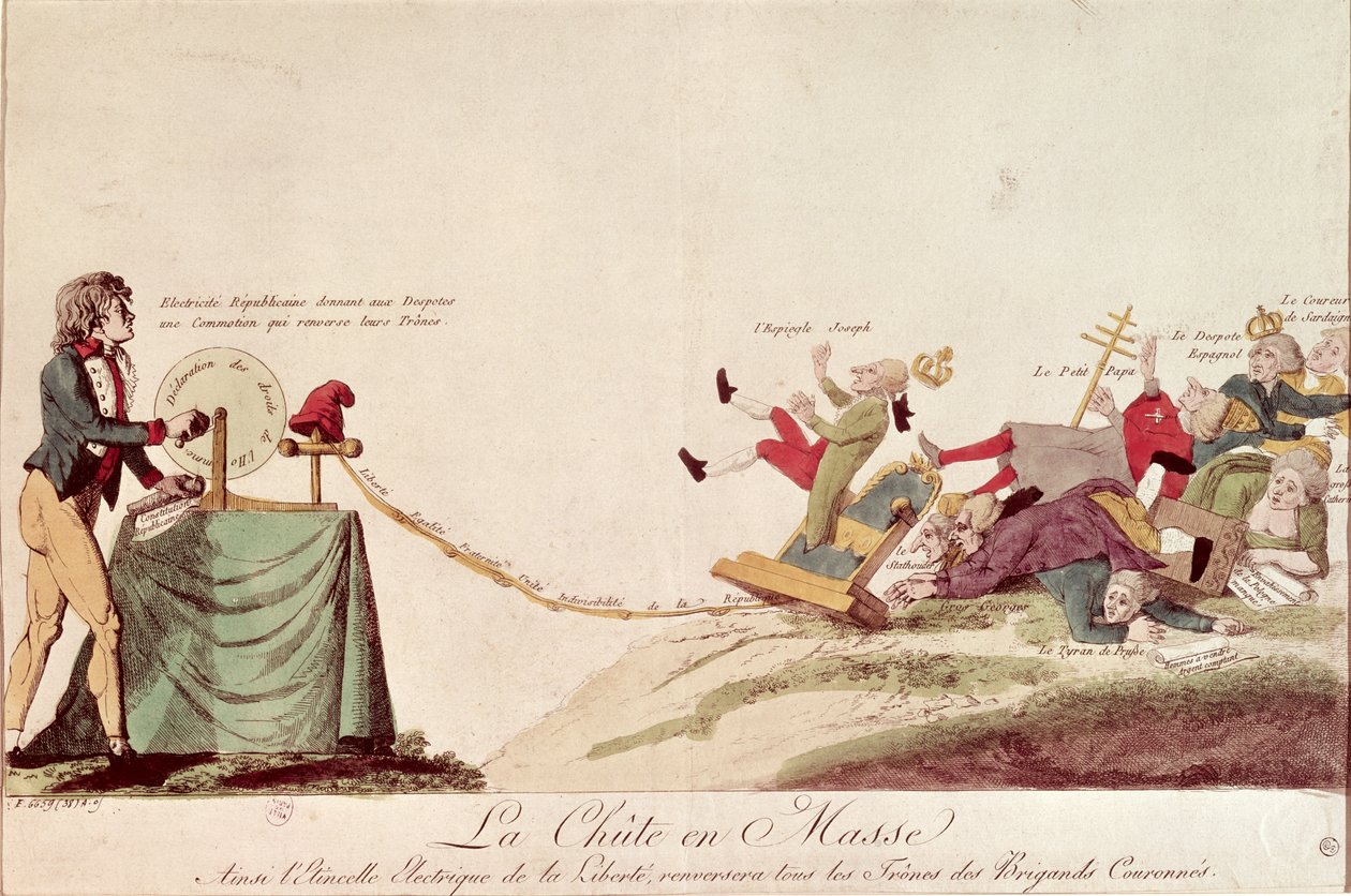 Revoluční karikatura "Elektrická jiskra svobody, která svrhne trůny všech zkorumpovaných monarchů", 1793. od French School