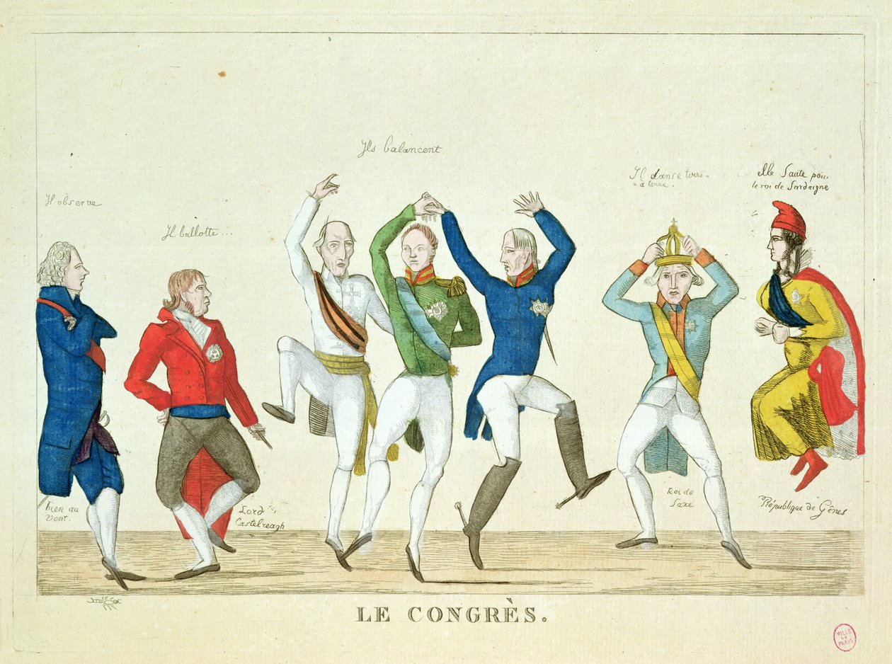 Satirická karikatura zobrazující hlavní protagonisty v tanci na Vídeňském kongresu v roce 1815 od French School