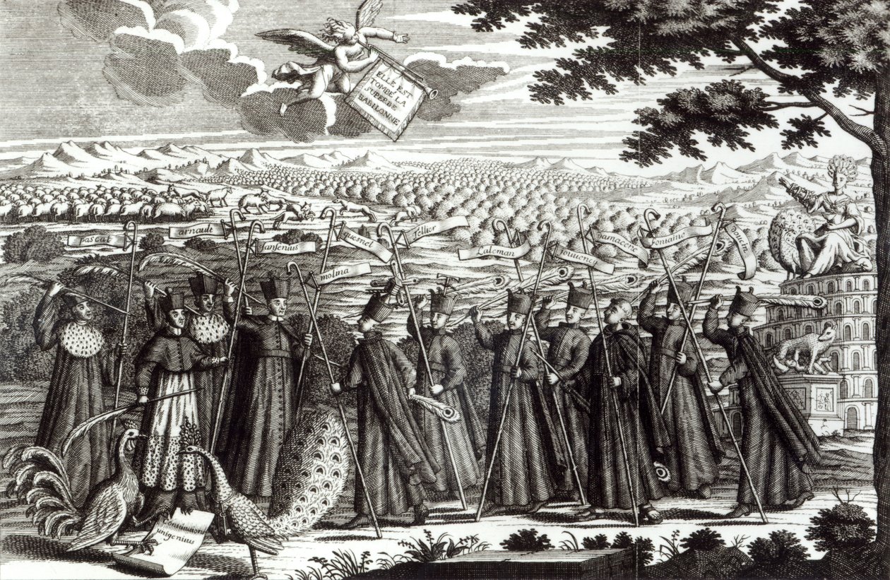 Satirická rytina zobrazující bulu „Unigenitus Dei Filius“ a boj mezi jansenisty a jezuity, 1714 od French School