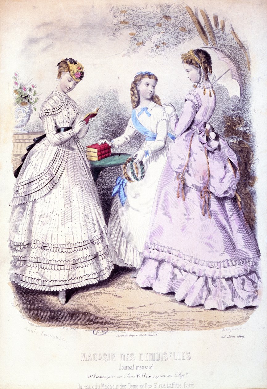 Školačky po slavnostním předávání cen, módní deska propagující časopis Magasin des Demoiselles, 1869 od French School