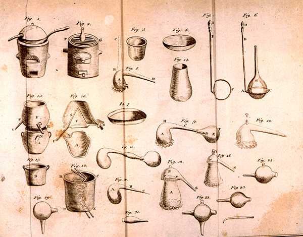 Vědecké vybavení, z The Elements of Chemistry od Antoina Laurenta de Lavoisier (1743-94), vyryto D. Lizarsem, 1796 od French School
